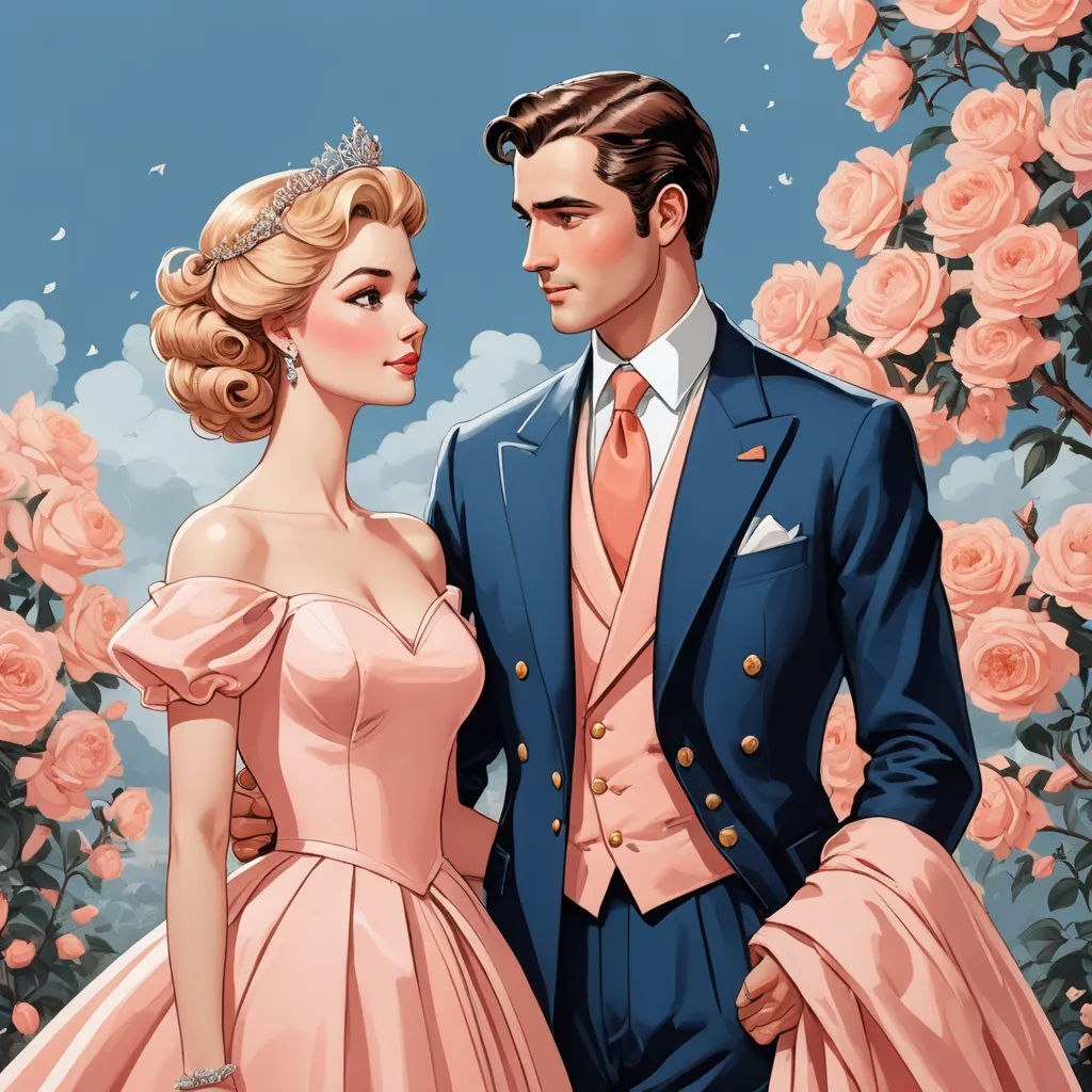 a man and a woman in formal wear standing next to each other in front of a rose bush with roses, fantasy art, a storybook illustration, Edwin Georgi, rossdraws global illumination