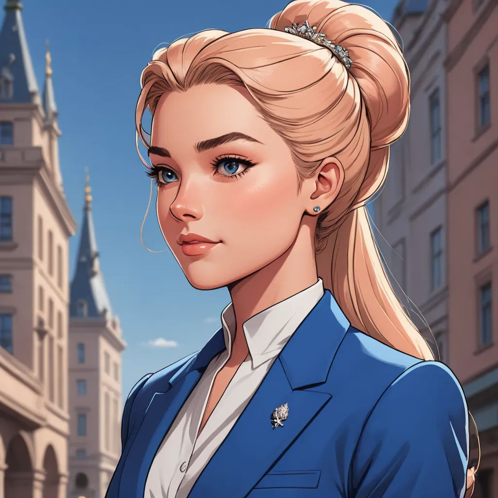 a woman in a blue suit and a white shirt is standing in front of a castle with a blue sky, paris school, a character portrait, Charlie Bowater, rossdraws global illumination