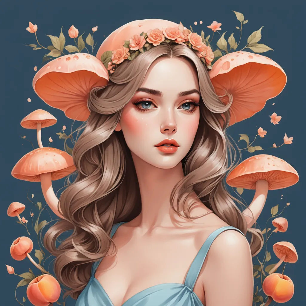 a woman with long hair wearing a hat with mushrooms on it and flowers around her head and a blue background, fantasy art, a detailed drawing, Anna Dittmann, trending on art station