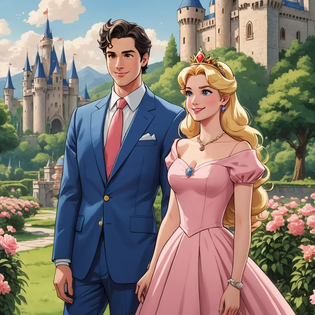 a man and a woman in formal wear standing in front of a castle with pink flowers and trees in the background, magical realism, a storybook illustration, disney, official art