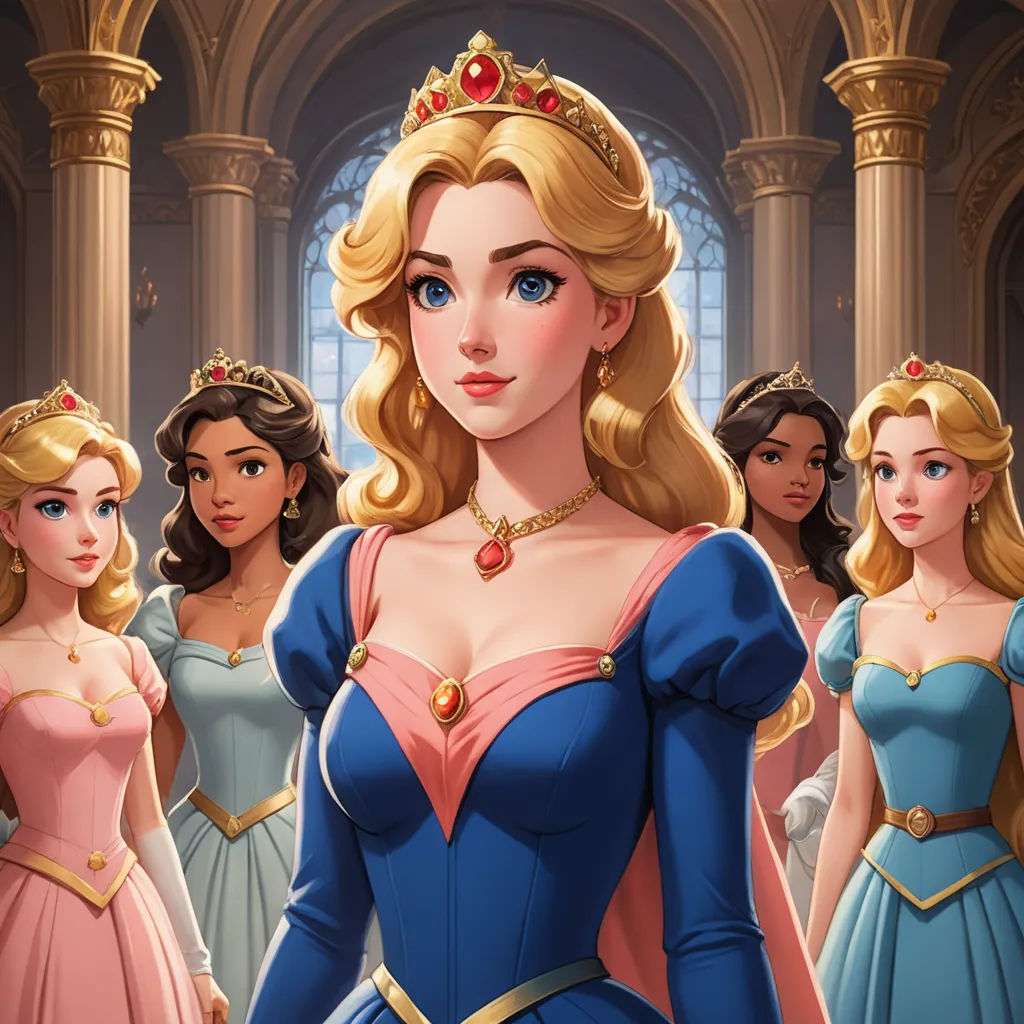 a group of women in dresses standing in a room with columns and arches in the background, all wearing tiaras, sots art, concept art, disney, rossdraws global illumination