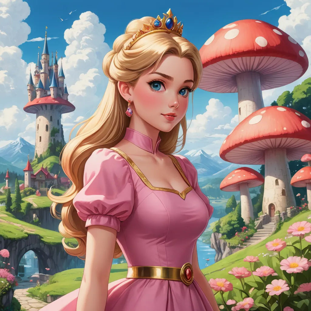 a beautiful blonde haired woman in a pink dress standing in front of a mushroom - covered forest with a castle in the background, fantasy art, a character portrait, Artgerm, rossdraws global illumination