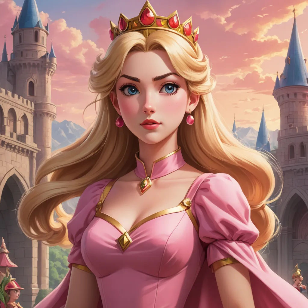 a beautiful blonde haired woman in a pink dress and tiara standing in front of a castle with a pink sky, fantasy art, a character portrait, disney, rossdraws global illumination
