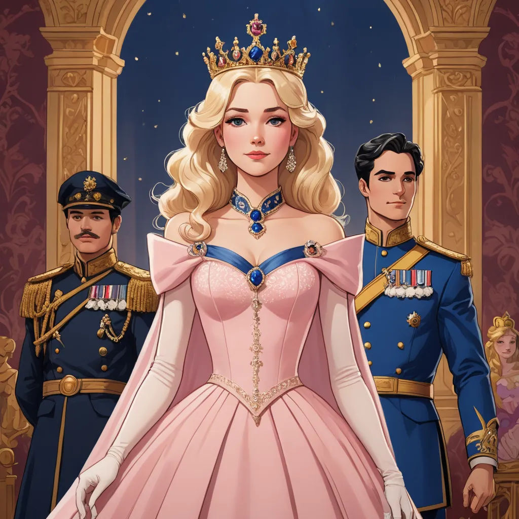 a cartoon of a woman in a pink dress and two men in blue uniforms standing behind her and wearing a tiara, sots art, a storybook illustration, Edwin Georgi, rossdraws global illumination