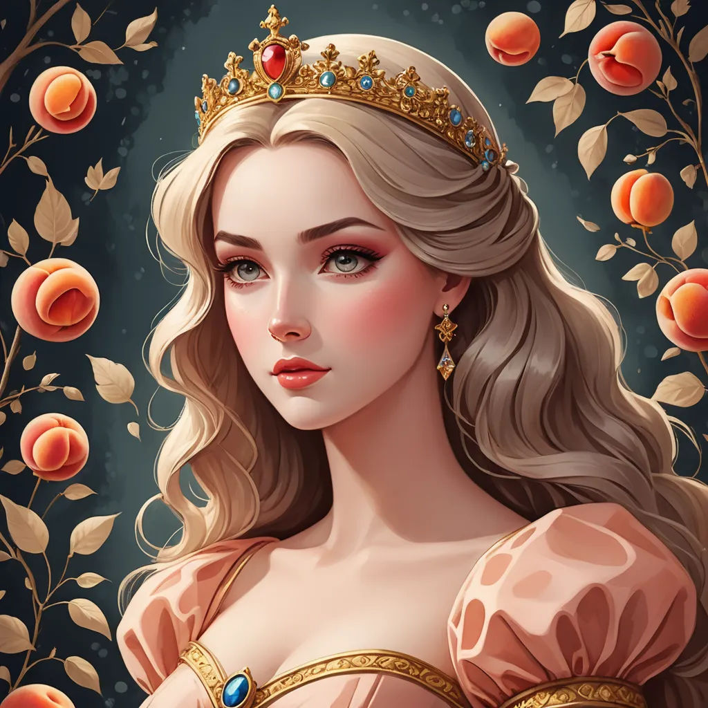 a beautiful woman in a dress with a tiara on her head and peaches around her neck and shoulders, fantasy art, a detailed painting, Anna Dittmann, highly detailed digital painting