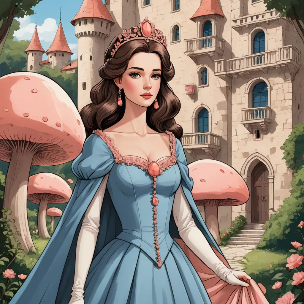 a cartoon of a woman in a blue dress standing in front of a castle with mushrooms and mushrooms on the ground, fantasy art, a storybook illustration, Evaline Ness, storybook illustration