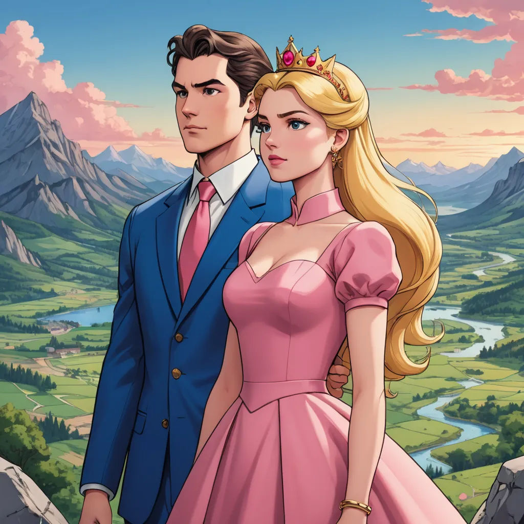 a man and a woman in formal wear standing next to each other in front of a mountain landscape with a valley and river, serial art, a storybook illustration, Edwin Georgi, official art