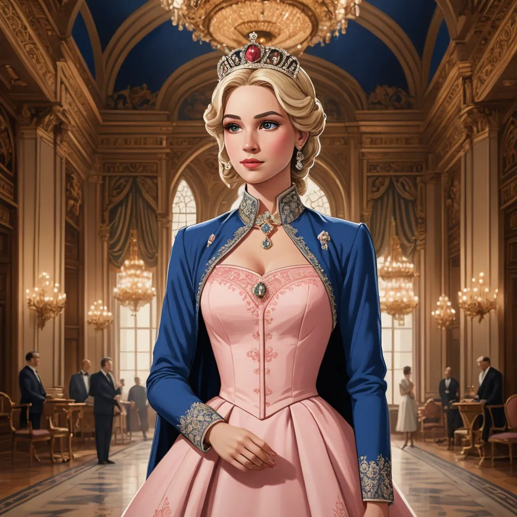 a woman in a pink dress and a blue jacket in a palace hallway with chandeliers and chandeliers, sots art, a detailed painting, Charlie Bowater, official art