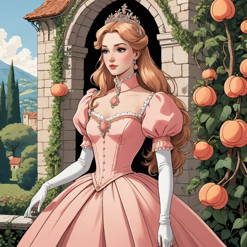 a cartoon of a woman in a pink dress and a castle in the background with peach trees and a stone archway, fantasy art, a storybook illustration, Edwin Georgi, official art
