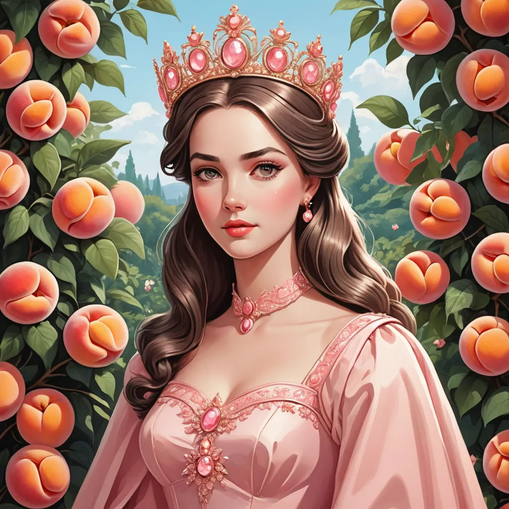 a painting of a woman in a pink dress and a crown in front of peach trees and peaches, fantasy art, a detailed painting, Edwin Georgi, highly detailed digital painting