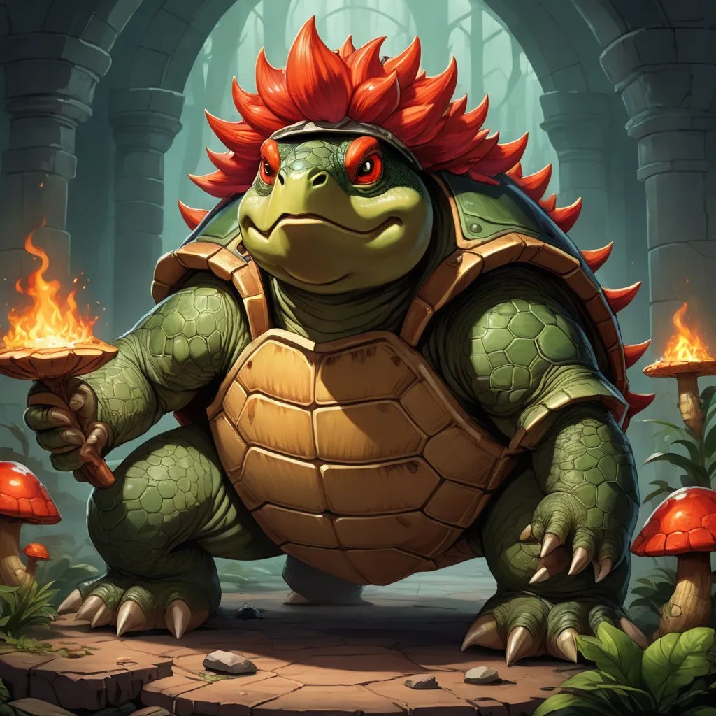 a cartoon turtle with a red mohawk holding a lit candle in its hand and a mushroom on its back, sots art, concept art, Alex Horley, official art