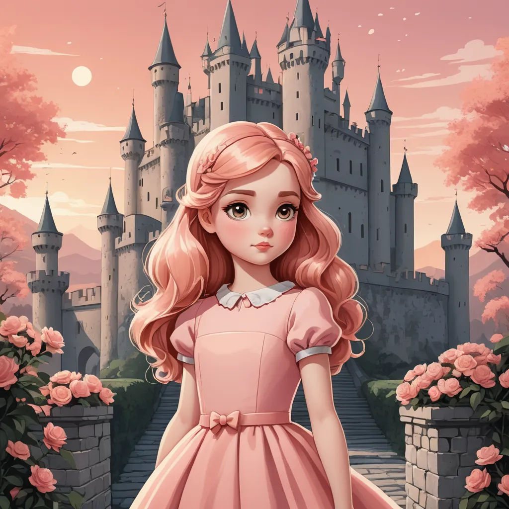 a cartoon girl in a pink dress standing in front of a castle with roses in the foreground and a full moon in the background, fantasy art, a storybook illustration, Alice Prin, kinkade