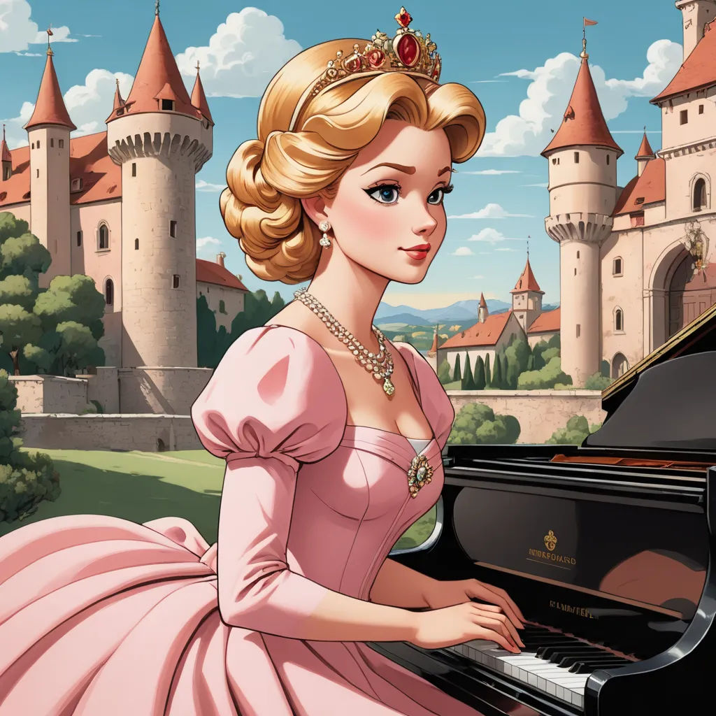 a cartoon of a woman in a pink dress playing a piano in front of a castle with a pink rose, fantasy art, a storybook illustration, Constance Copeman, storybook illustration
