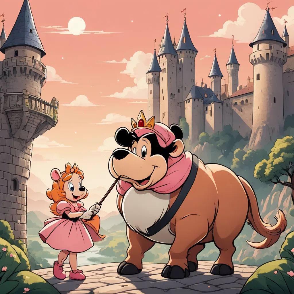 a cartoon of a little girl and a big bull in front of a castle with a princess on it, furry art, a storybook illustration, disney, official art