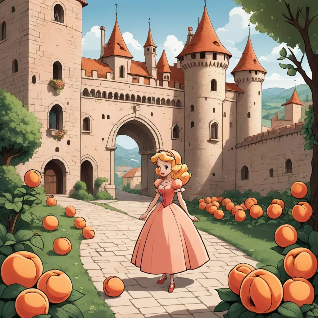 a cartoon of a princess in a peach dress walking towards a castle with peaches all around her and a castle entrance, fantasy art, a storybook illustration, Alice Prin, official art