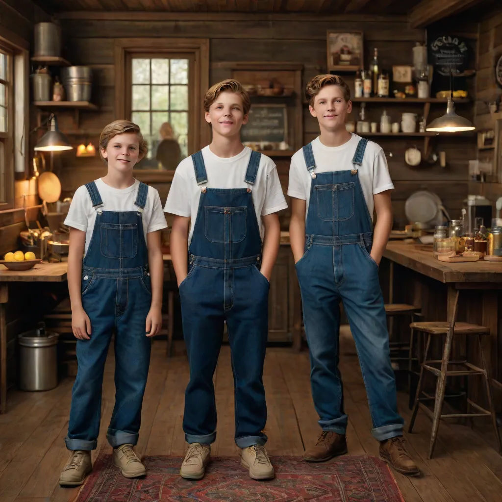 three boys in overalls standing in a kitchen with a rug on the floor and a rug on the floor, Brothers Hildebrandt, american impressionism, a storybook illustration, promotional image