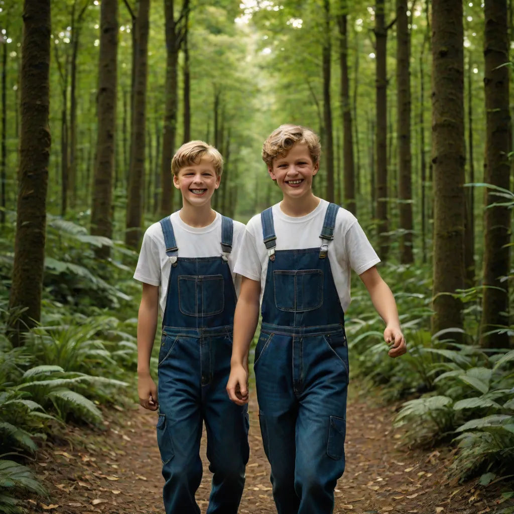 two boys walking down a path in the woods together, one is wearing overalls and the other is wearing a white t - shirt, Caspar Wolf, postminimalism, a stock photo, portrait photography