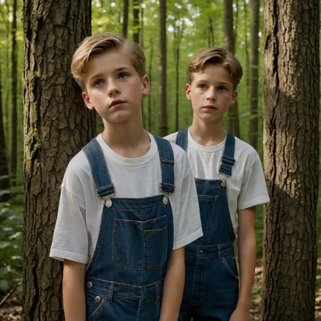 two young boys standing in the woods with their backs turned to the camera, one of them is wearing overalls, Caspar Wolf, neoism, a flemish Baroque, promotional image