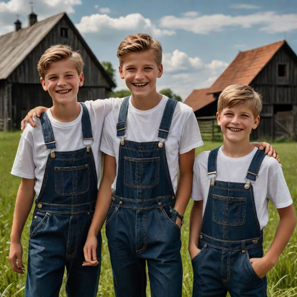 three boys standing in a field with a barn in the background and a blue sky in the background with clouds, Christian Hilfgott Brand, verdadism, a stock photo, portrait photography