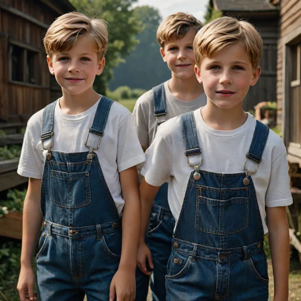 three boys in overalls standing in front of a barn with a dog in the yard behind them and a house in the background, Caspar Wolf, american realism, a colorized photo, promotional image