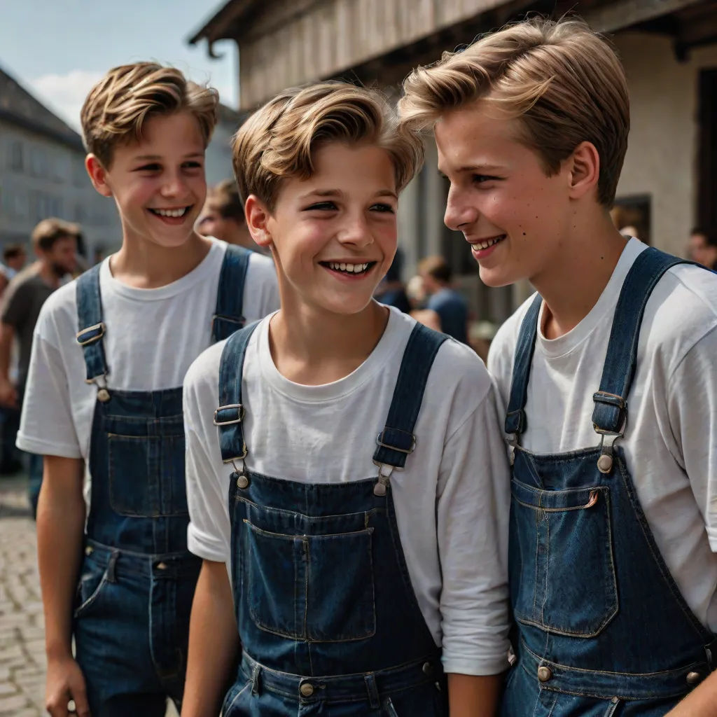 three boys in overalls are smiling for the camera while standing in front of a crowd of people on a cobblestone street, Caspar Wolf, antipodeans, a colorized photo, young