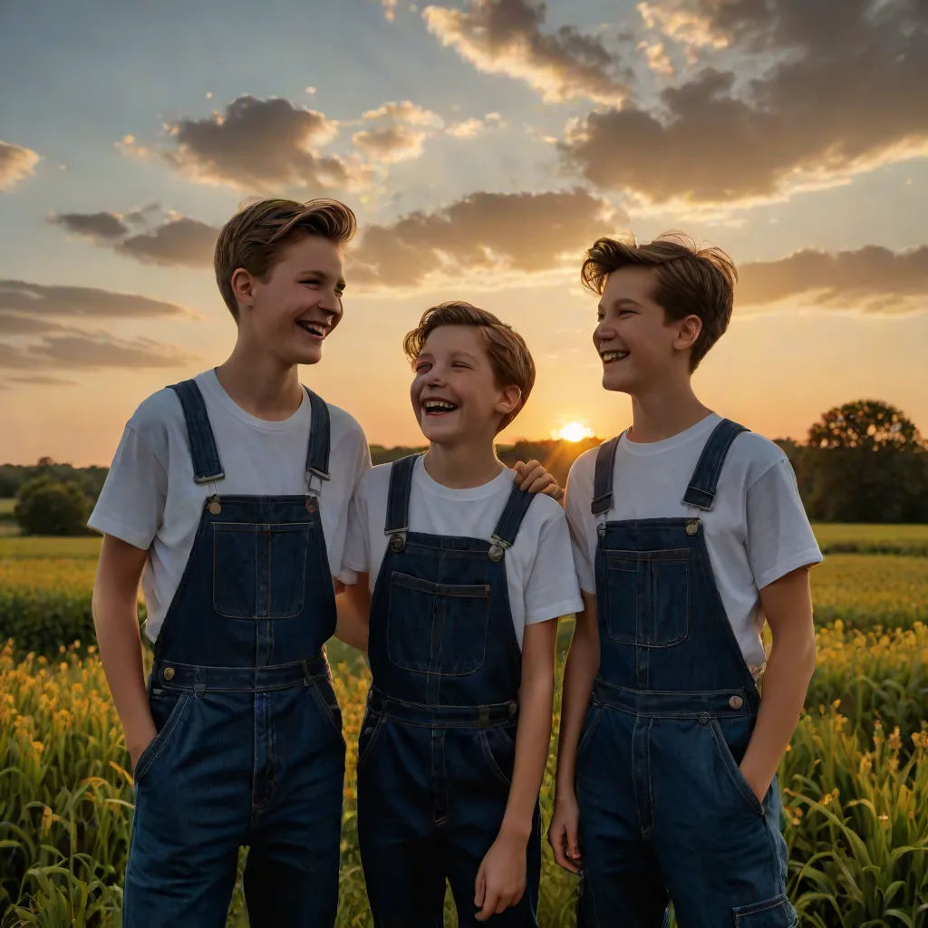 three boys standing in a field laughing at the camera with the sun setting behind them and clouds in the sky, Caspar Wolf, kitsch movement, a stock photo, portrait photography