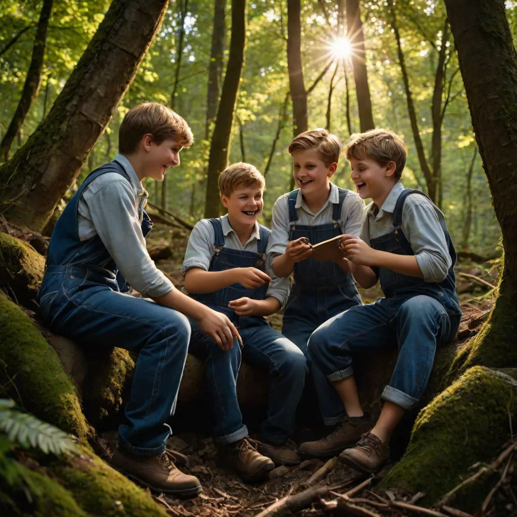 a group of young boys sitting on top of a tree stump in the woods together, looking at a tablet, Caspar Wolf, heidelberg school, a colorized photo, promotional image