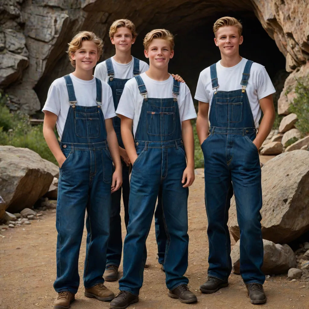 a group of young men standing next to each other in front of a cave entrance with rocks and boulders, Brothers Hildebrandt, incoherents, a colorized photo, m