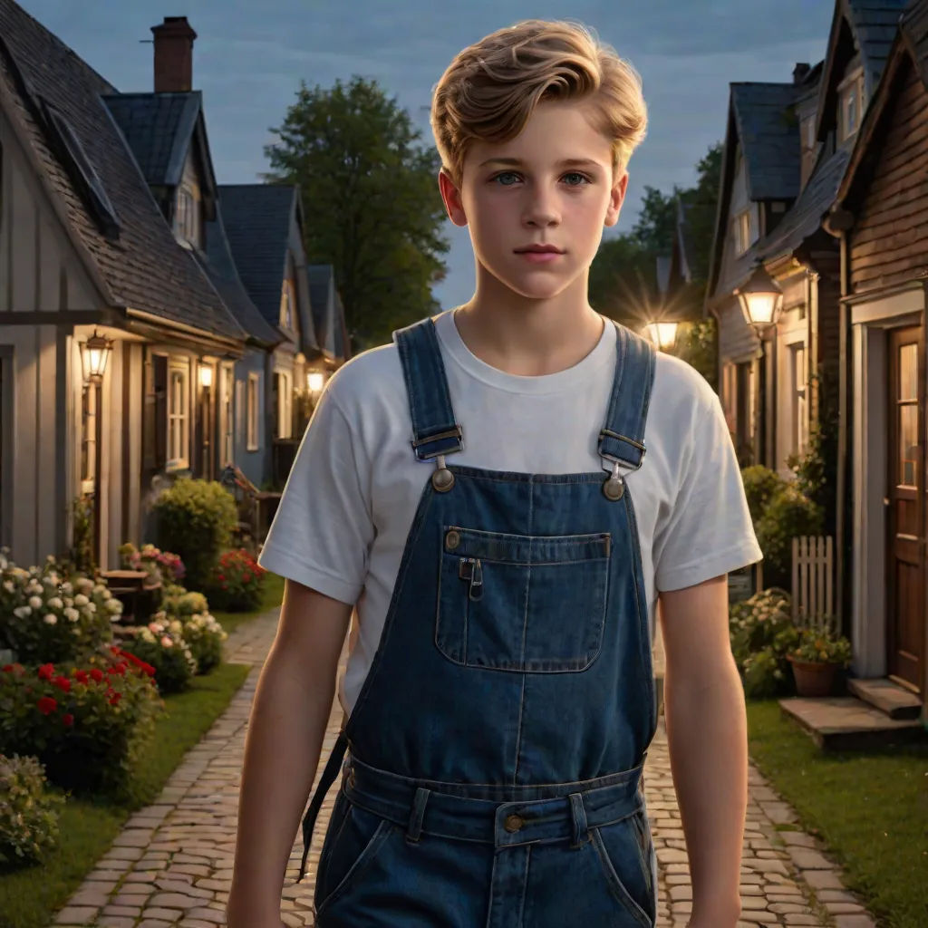 a young boy in overalls standing in front of a house at night with a light on his face, Evan Charlton, american realism, a character portrait, promotional image