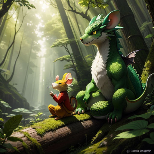 a small mouse and a large green dragon in a forest with trees and grass, one of them is sitting on a log