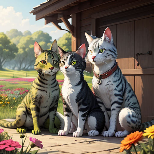 a painting of three cats sitting on a porch next to a flower garden and a barn with a red door
