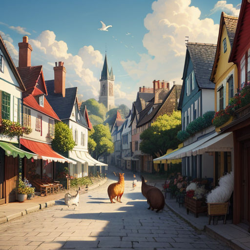 a painting of a town with a dog and a cat on the street and a bird flying over the buildings