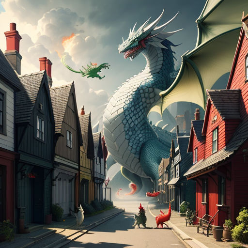 a dragon flying over a town with a red building and a red car parked on the street next to it