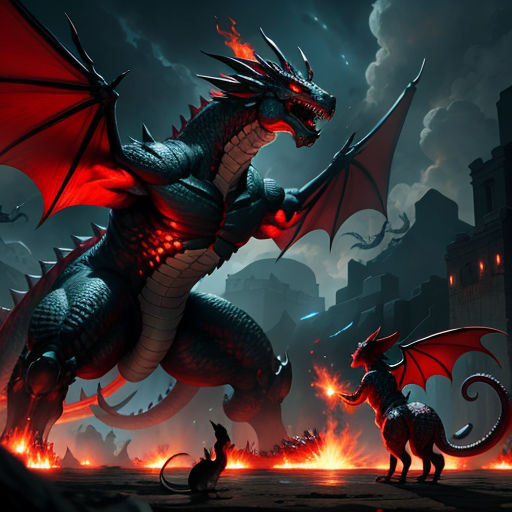 a dragon and a demon fight in a dark city at night with flames coming from the ground and buildings in the background