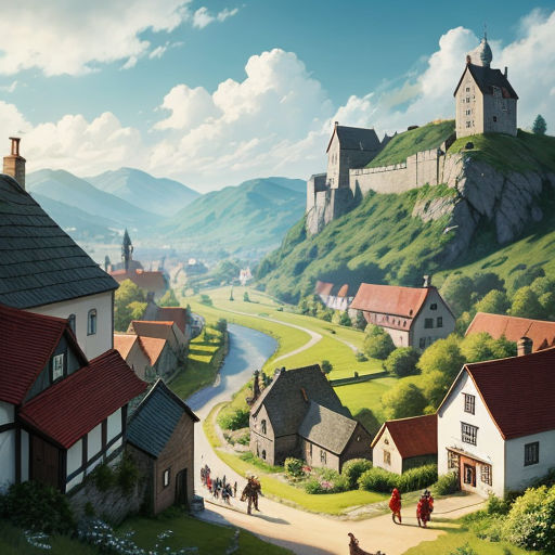 a painting of a village with a river running through it and a castle in the background with people walking around