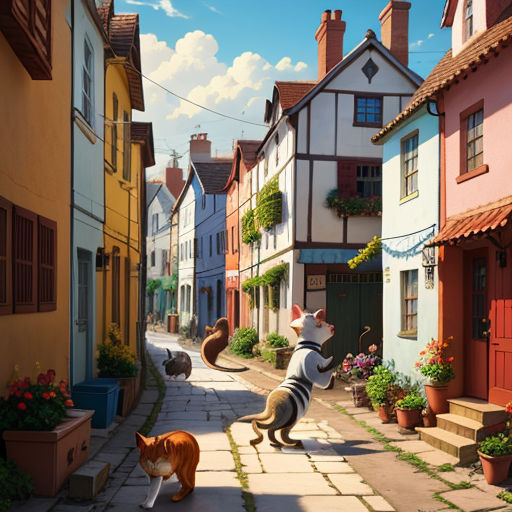 a cat and dog are walking down a street in a cartoon style scene with a dog and a cat