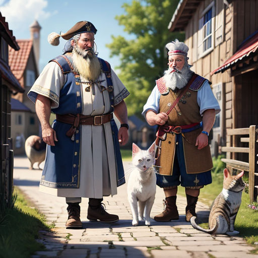 two men in costumes standing next to a cat and a dog on a sidewalk in front of a house