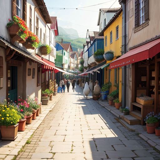 a narrow street with a few people walking down it and a few buildings with flower boxes on the side