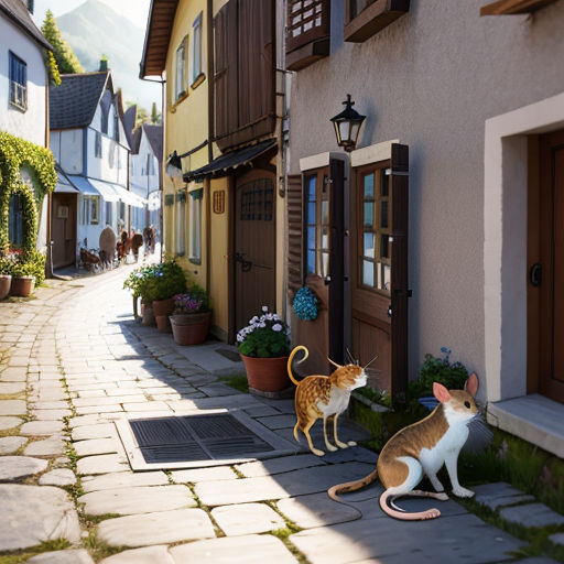 a couple of cats standing on a sidewalk next to a building with a cat statue on it's side