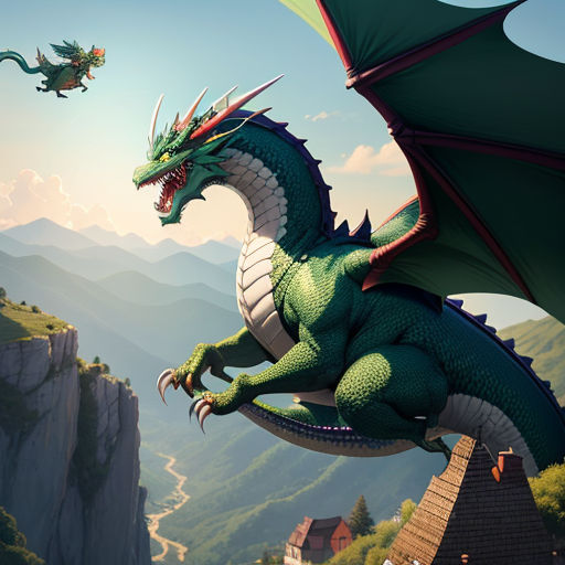 a green dragon flying over a mountain with a house in the background and a green dragon flying over a mountain