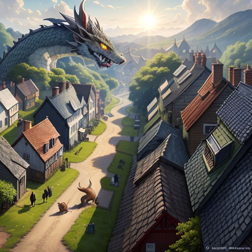 a painting of a dragon flying over a village with a person walking down a road in front of it