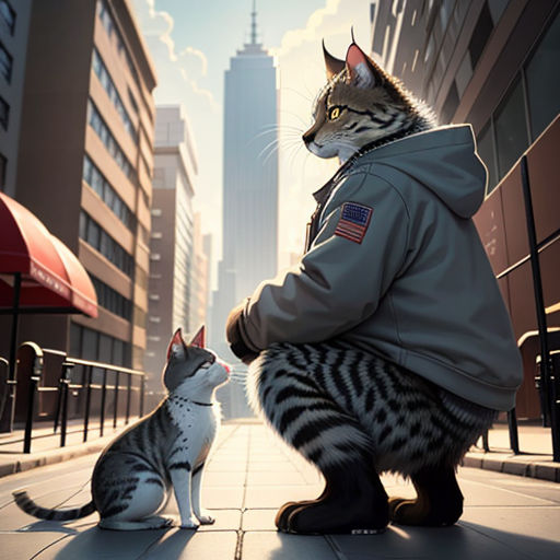 a cat and a cat sitting on a sidewalk in a city setting, facing each other, with a man in a hoodie and a cat in the foreground
