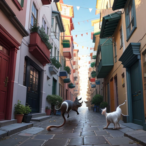 two cats are walking down a narrow street in a city with buildings and flags on the sides of the street