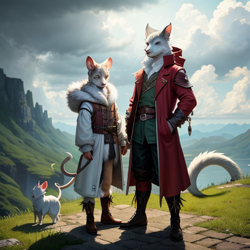 two people dressed in costumes standing on a hill with a cat and dog in front of them, with a mountain in the background