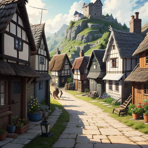 a painting of a village with a person walking down the street in front of a mountain range with a house