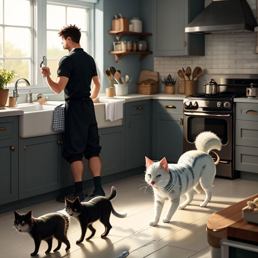 a man standing in a kitchen with three cats and a sink and a window behind him and a woman standing in the kitchen