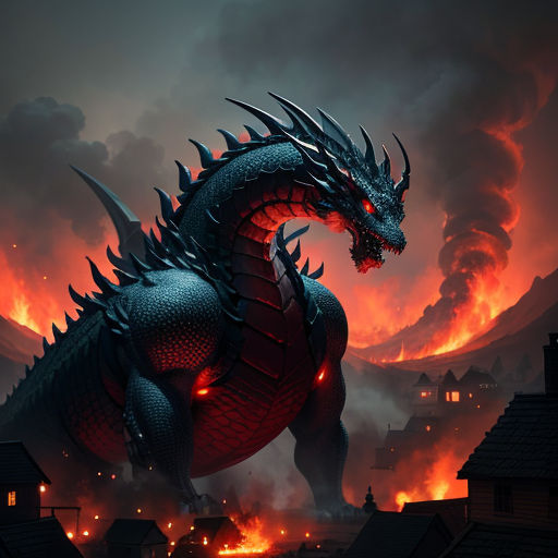 a large dragon standing in front of a fire filled sky with buildings in the background and a mountain in the background