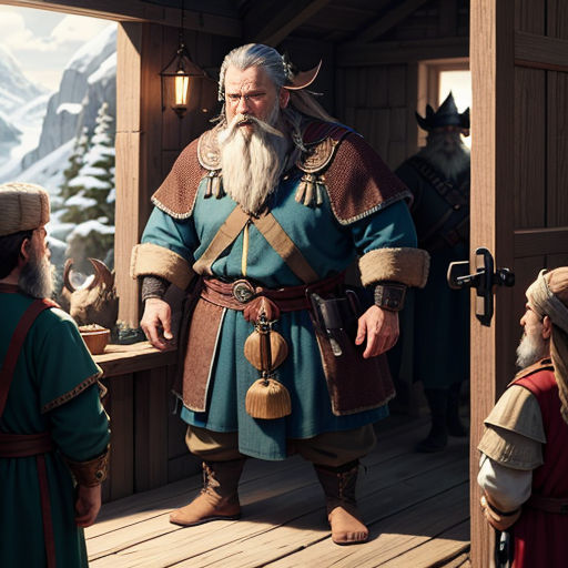 a man in a viking outfit standing on a porch next to a woman in a dress and a man in a hat