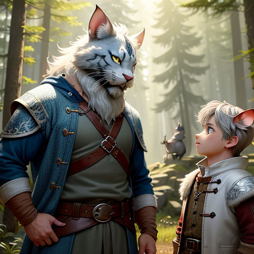 a cat and a boy standing in a forest with trees and a forest background, with a cat's head on the chest