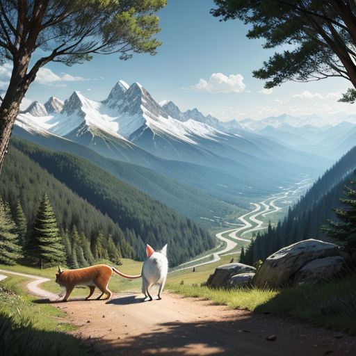 two cats walking down a dirt road in the mountains with a dog on the side of the road looking at the mountains